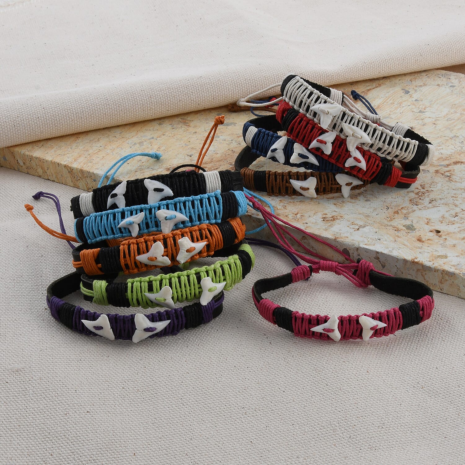 Shark Teeth, Multi Color Leather Friendship Set of 10 Bracelets (Adjustable)
