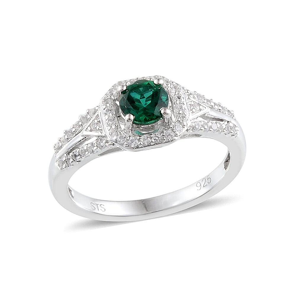 Created White Sapphire, Created Emerald Sterling Silver Ring (Size 7) TGW 17.571 Cts. TGW 17.57 Cts.