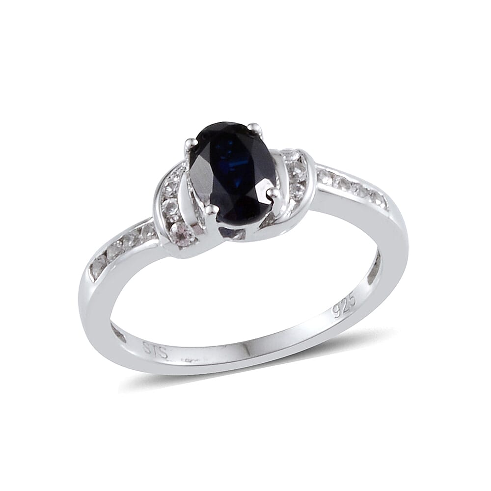 Created Blue Sapphire, Created White Sapphire Sterling Silver Ring (Size 7) TGW 4.691 Cts. TGW 4.69 Cts.