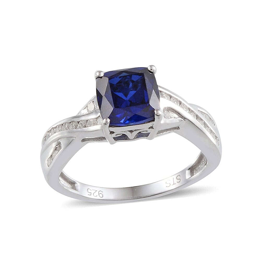 Created Blue and White Sapphire Ring in Platinum Over Sterling Silver (Size 7.0)