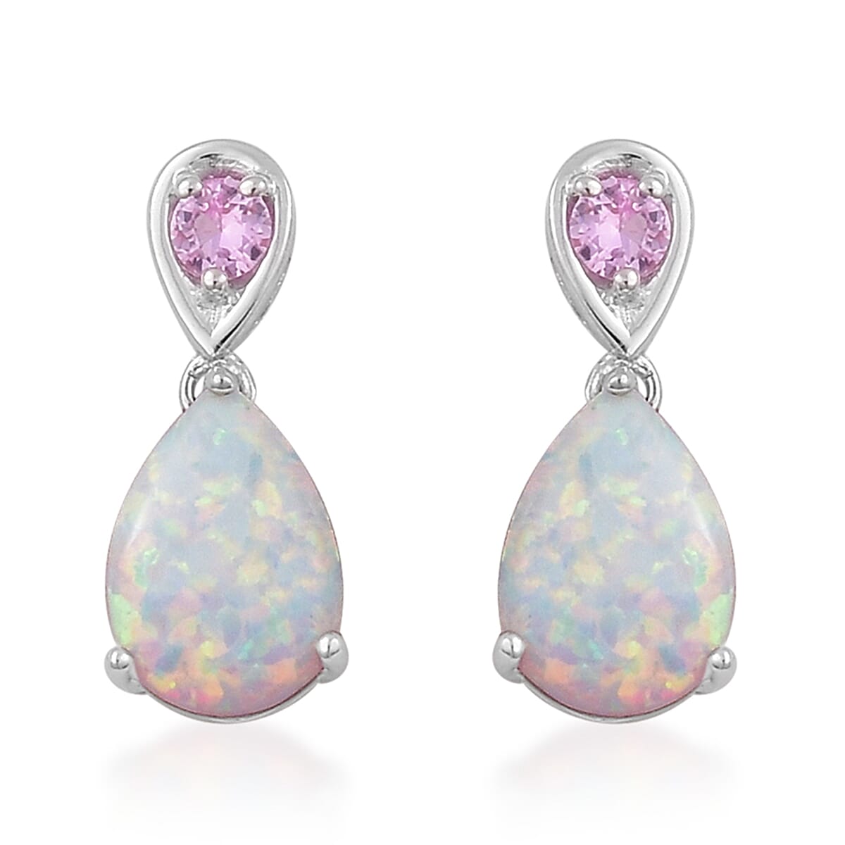 Lab Created White Opal and Lab Created Pink Sapphire Earrings in Sterling Silver