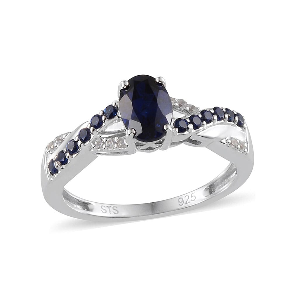 Lab Created Blue and White Sapphire Ring in Platinum Over Sterling Silver (Size 7.0)