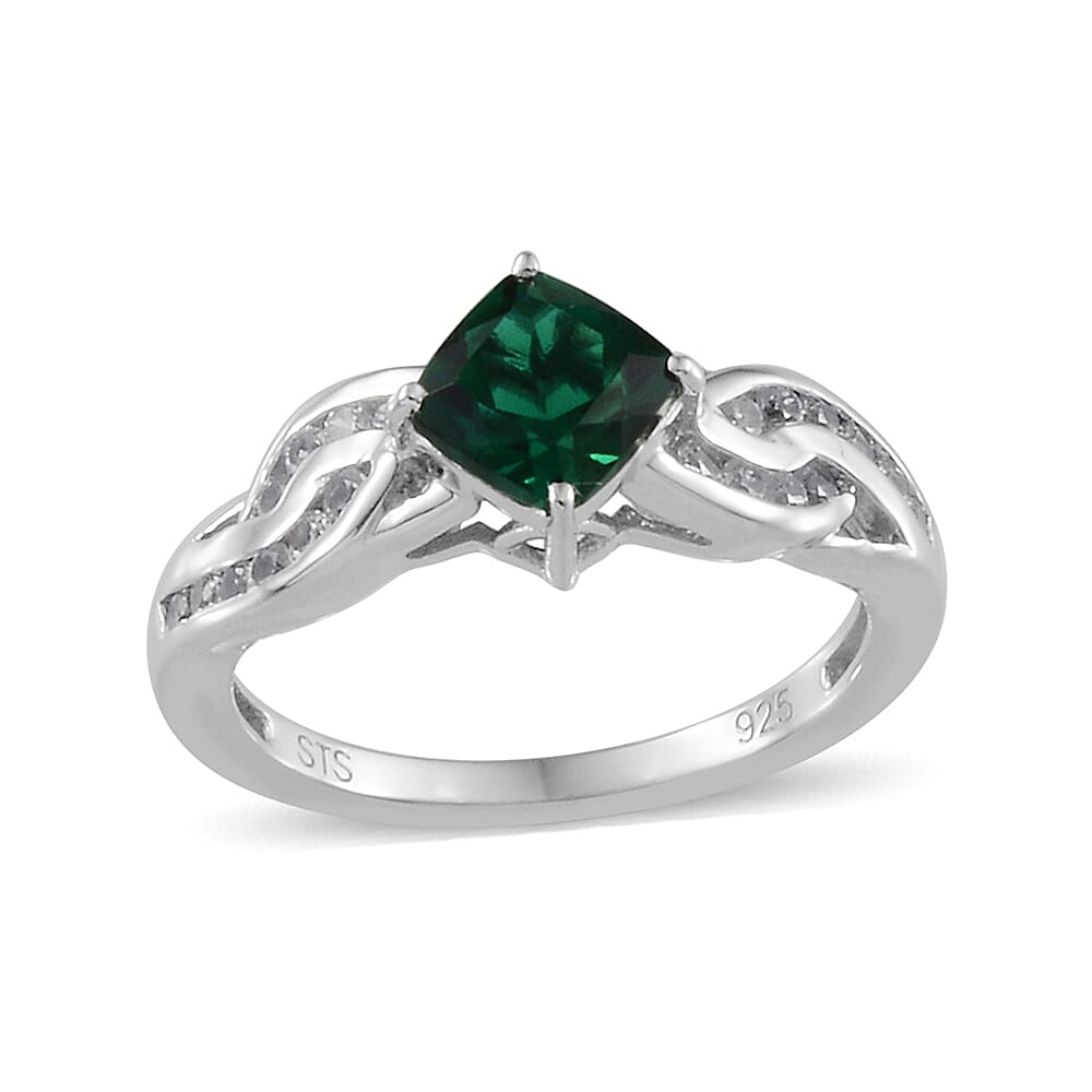 Created Emerald, Created White Sapphire Sterling Silver Ring (Size 7) TGW 6.928 Cts. TGW 6.93 Cts.