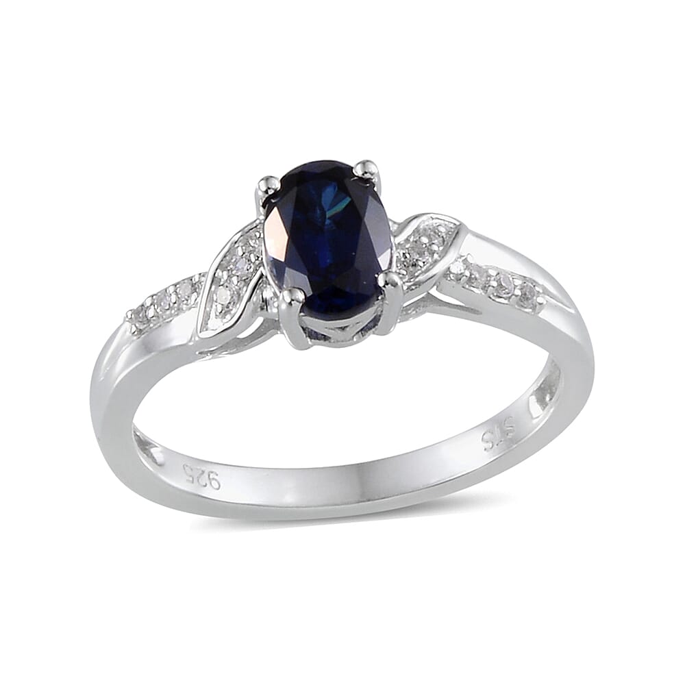 Created Blue Sapphire, Created White Sapphire Sterling Silver Ring (Size 7) TGW 7.785 Cts. TGW 7.79 Cts.