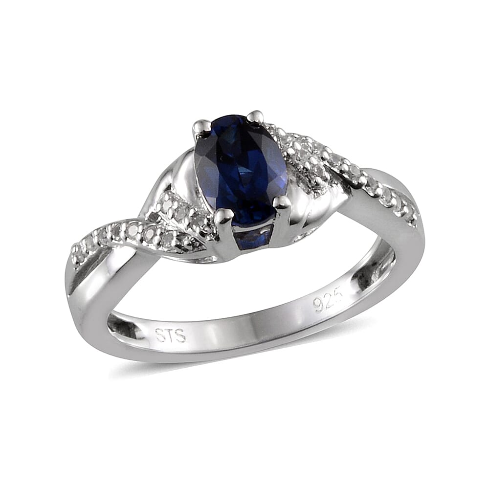 Created Blue Sapphire, Created White Sapphire Sterling Silver Ring (Size 7) TGW 17.985 Cts. TGW 17.99 Cts.