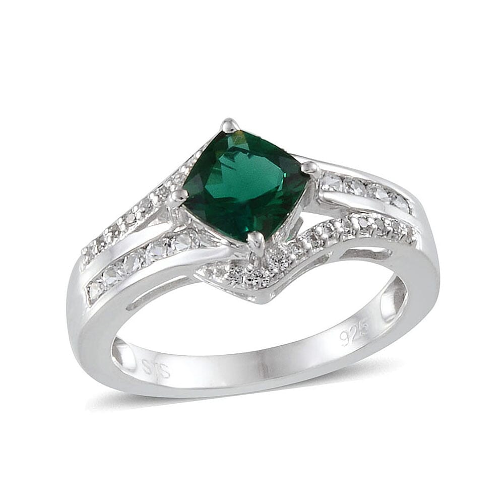 Created Emerald, Created White Sapphire Sterling Silver Ring (Size 7) TGW 1.179 Cts. TGW 1.18 Cts.