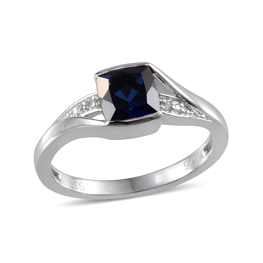 Created Blue Sapphire, Created White Sapphire Sterling Silver Ring (Size 7) TGW 4.250 Cts. TGW 4.25 Cts.