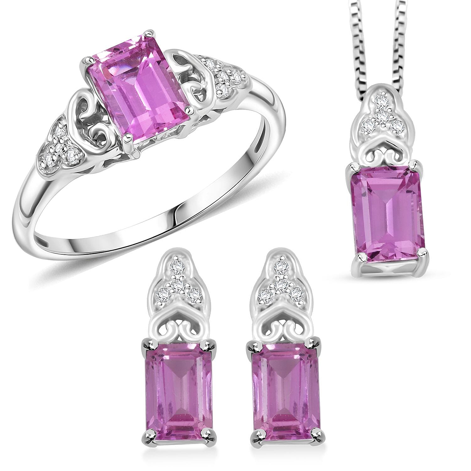 Lab Created Pink and White Sapphire Earrings, Ring Size 7 and Pendant in Sterling Silver