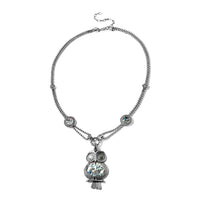 Abalone Shell and Austrian Crystal Owl Necklace 22-24 Inches in Silvertone