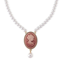 Simulated Pearl, Pink Cameo Necklace (20-23 in) in Goldtone