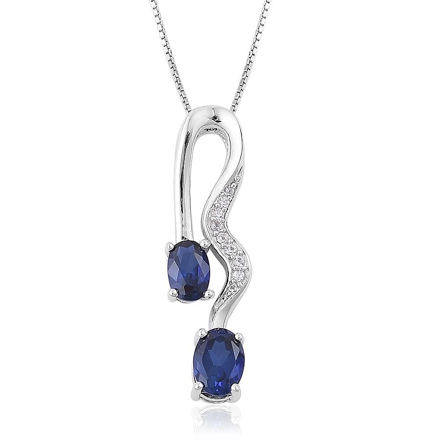 Lab Created Blue Sapphire and Lab Created White Sapphire Pendant Necklace 18 Inch in Sterling Silver
