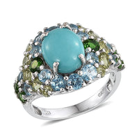Sonoran Blue Turquoise and Multi Gemstone 7.40 ctw Ring in Platinum Over Sterling Silver (Size 10.0)