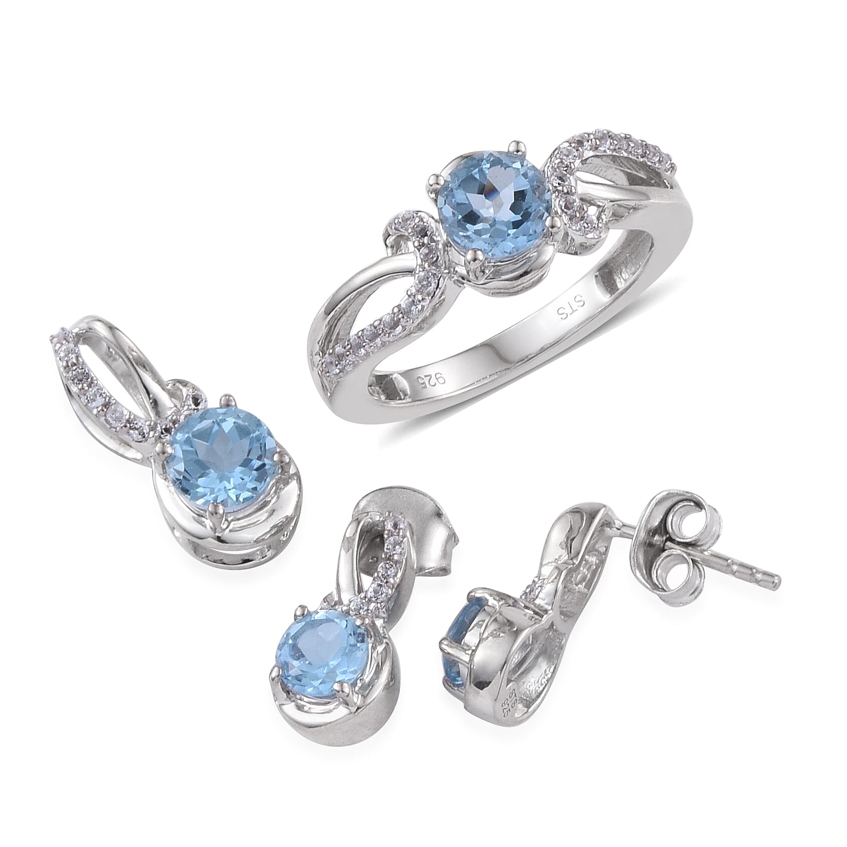 Sky Blue Topaz and White Topaz Earrings, Ring Size 7 and Pendant in Sterling Silver 2.40 ctw