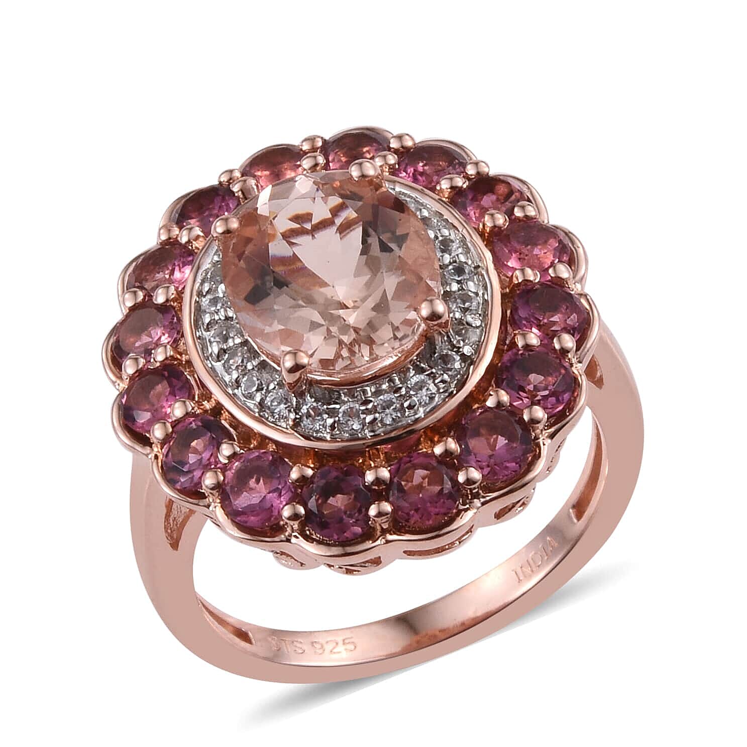 Marropino Morganite and Multi Gemstone Ring in 14K RG Over Sterling Silver (Size 6.0) 3.59 ctw