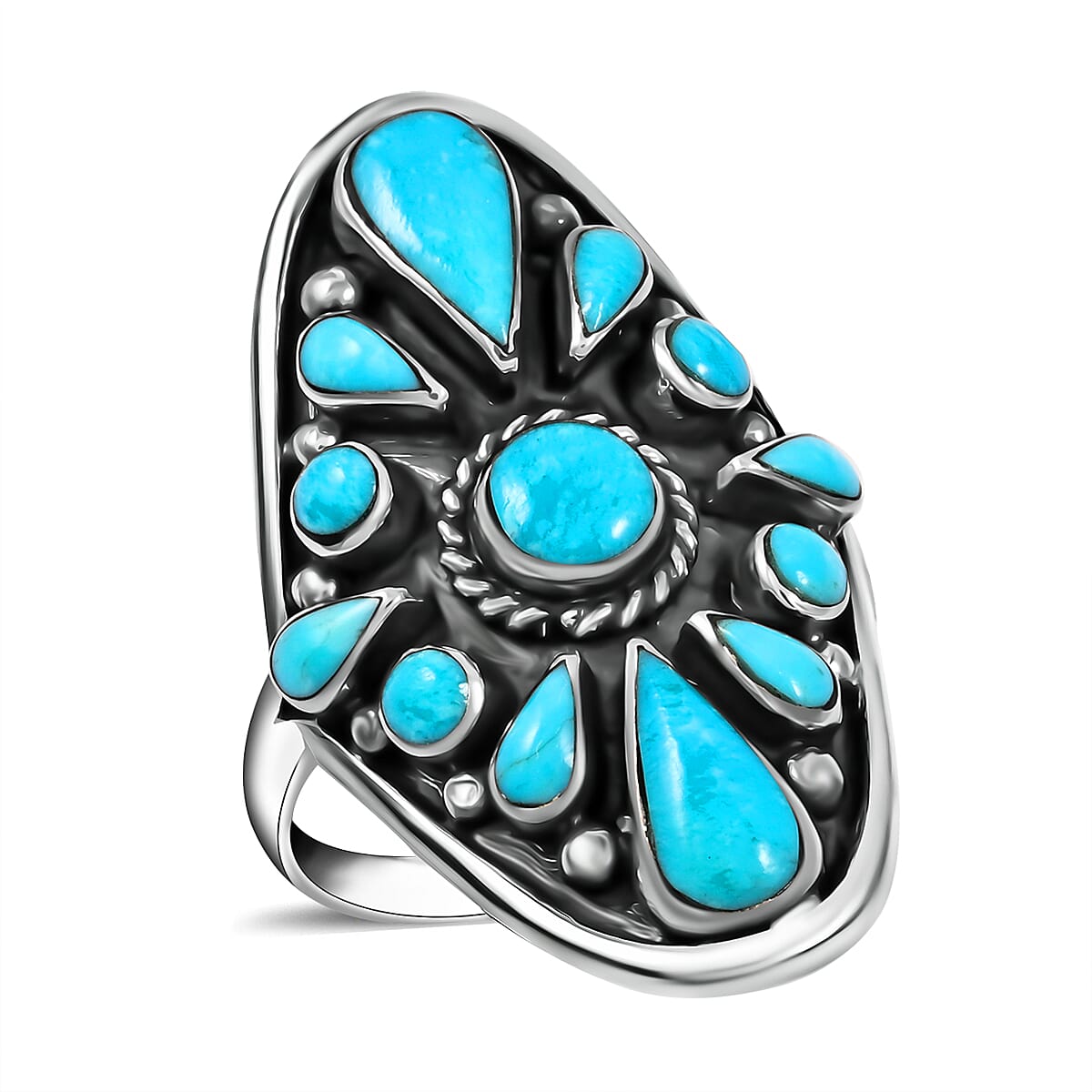 Santa Fe Style Turquoise Sterling Silver Elongated Ring (Size 9.0) 4.91 ctw