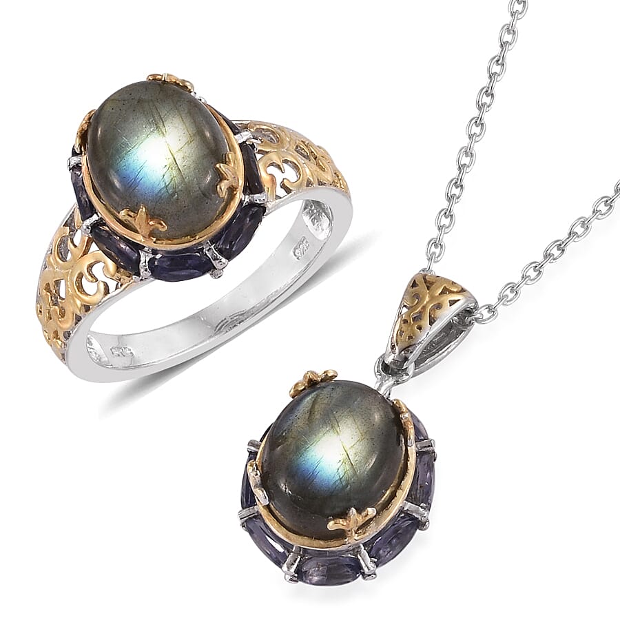 STS Closeout Malagasy Labradorite and Iolite Openwork Ring Size 7 and Pendant Necklace 20 Inches in 14K YG and Platinum Over Sterling Silver 16.44 ctw