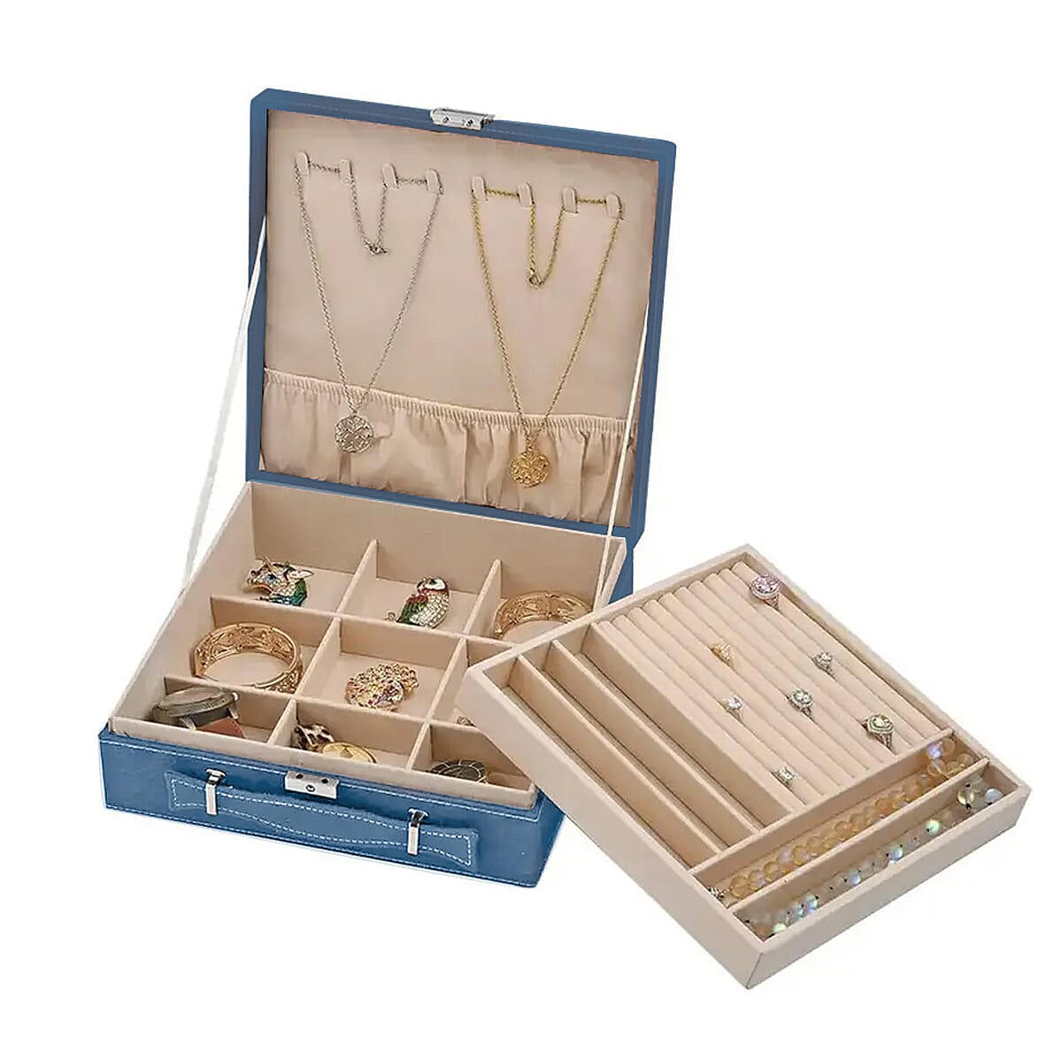 Classic Blue Faux Velvet Briefcase Style 2-Tier Jewelry Box with Anti-Tarnish and Scratch Protection Interior (Approx 60 Rings, etc)