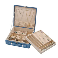Classic Blue Faux Velvet Briefcase Style 2-Tier Jewelry Box with Anti-Tarnish and Scratch Protection Interior (Approx 60 Rings, etc)