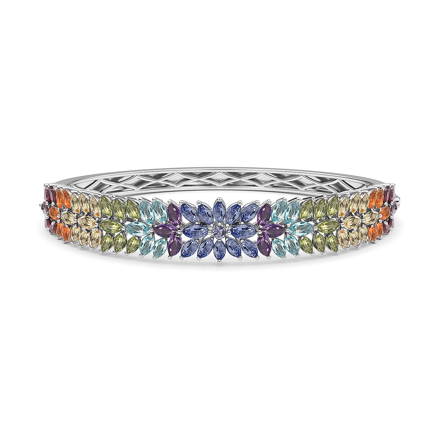 Multi Gemstone Platinum Over Sterling Silver Bangle (7.25 in) TGW 10.49 cts.