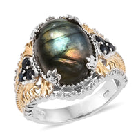 Malagasy Labradorite and Kanchanaburi Blue Sapphire 14K Yellow Gold and Platinum Over Sterling Silver Openwork Ring (Size 8) 10.590 cts