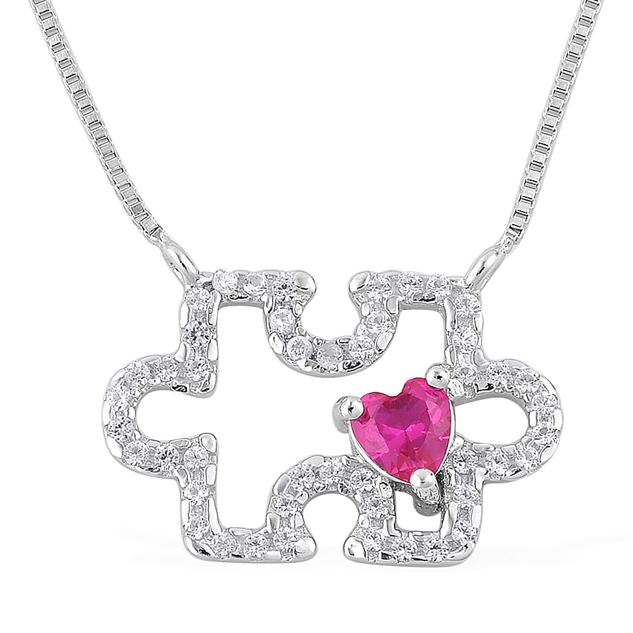 Lab Created Ruby and Lab Created White Sapphire Necklace 18 Inch in Sterling Silver