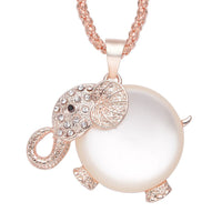 Simulated Cats Eye and Austrian Crystal Elephant Pendant Necklace 32 Inch in Rosetone