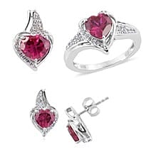 Lab Created Ruby and Lab Created White Sapphire Earrings, Ring Size 7 and Pendant without Chain in Sterling Silver 7.10 Grams
