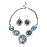 Abalone Shell Hammered Dangle Earrings and Necklace 18-20 Inch in Silvertone