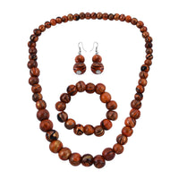 Orange Wooden Beads Silvertone Necklace (28 in), Bracelet (Stretchable) and Earrings