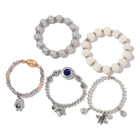 Multi Gemstone, Chroma, White and Blue Austrian Crystal Set of 5 Bracelets in Silvertone (Stretchable)