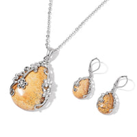 Picture Jasper and White Austrian Crystal Lever Back Floral Earrings and Pendant Necklace 20 Inches in Stainless Steel 70.30 ctw