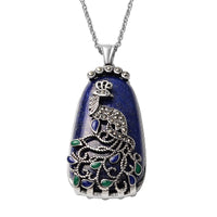 100.37 ctw Lapis Lazuli and Swiss Marcasite Enameled Peacock Pendant Necklace 20 inch in Stainless Steel