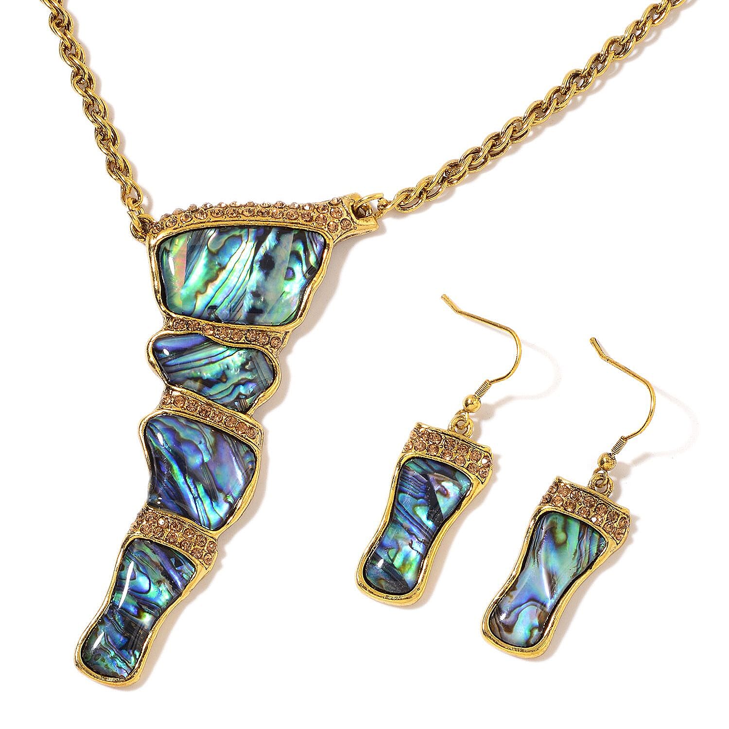Abalone Shell and Champagne Color Austrian Crystal Earrings and Necklace 26 Inches in Goldtone 57.50 ctw