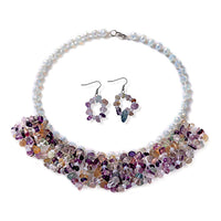 563.00 ctw Fluorite and Opalite Earrings and Bib Necklace 18 Inches in Silvertone