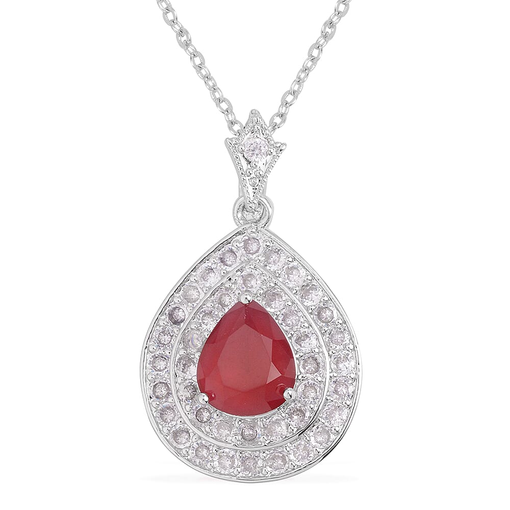 Simulated Ruby and White Diamond Pendant Necklace 18 inch in Silvertone