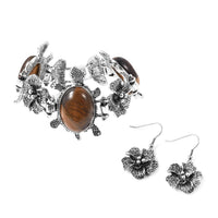 60.00 ctw South African Tigers Eye Turtle & Flower Bracelet (7.50 In) and Earrings in Silvertone