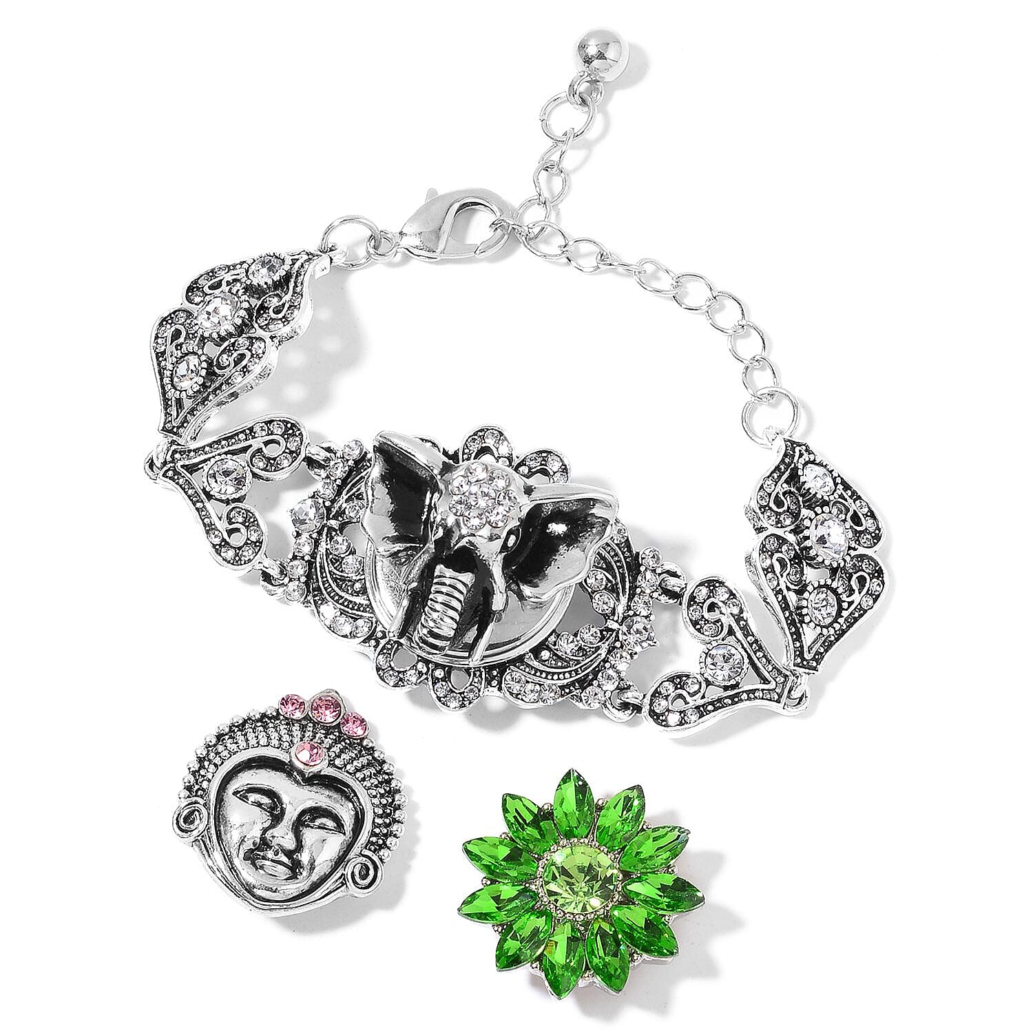 Simulated Emerald and Austrian Crystal Bracelet with Set of 3 Interchangeable Snap on Buttons 5.00-7.50 Inch in Silvertone