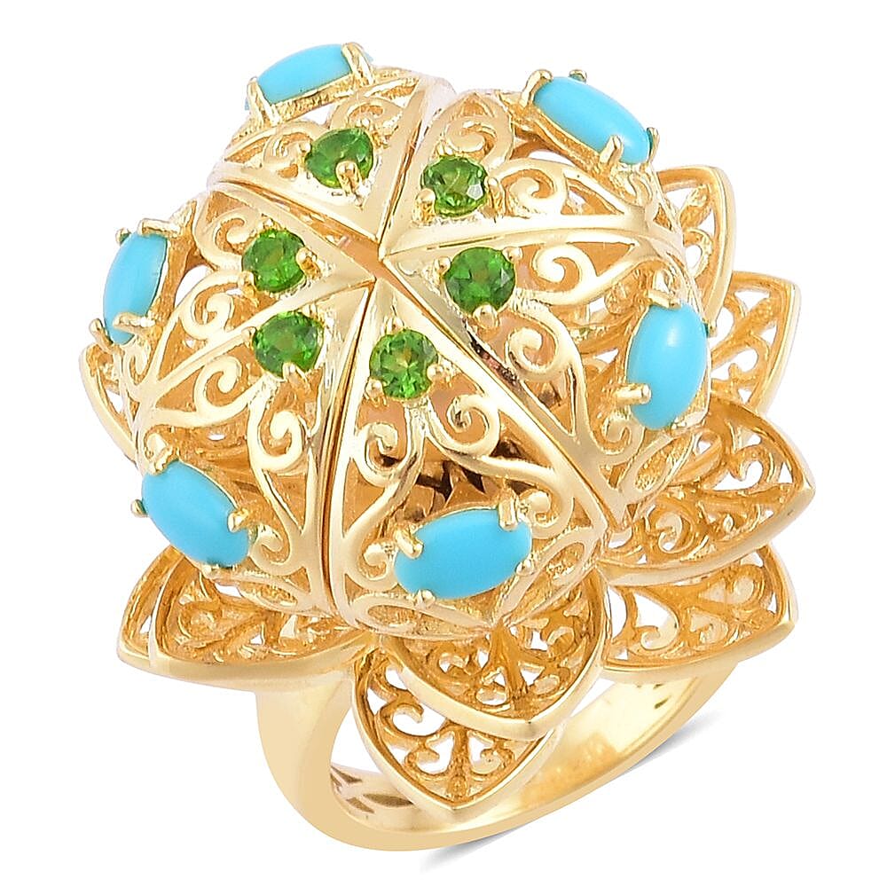 South Sea Golden Pearl (9.5-10 mm), Arizona Sleeping Beauty Turquoise, Chrome Diopside 14K YG Over Sterling Silver Ring (Size 8.0) 1.34 ctw