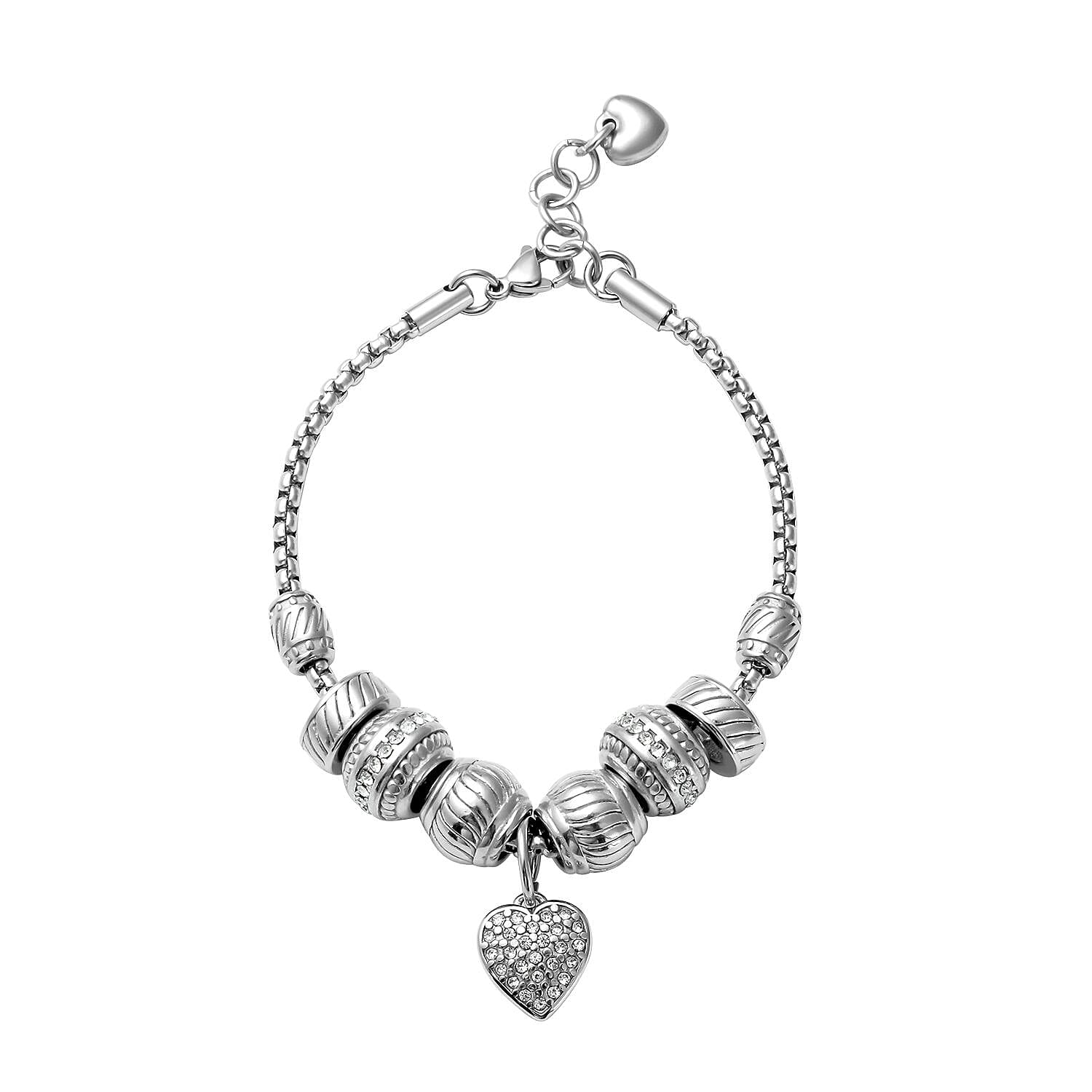 Austrian Crystal Heart Charm Bracelet in Stainless Steel (7.00-8.00Inch)