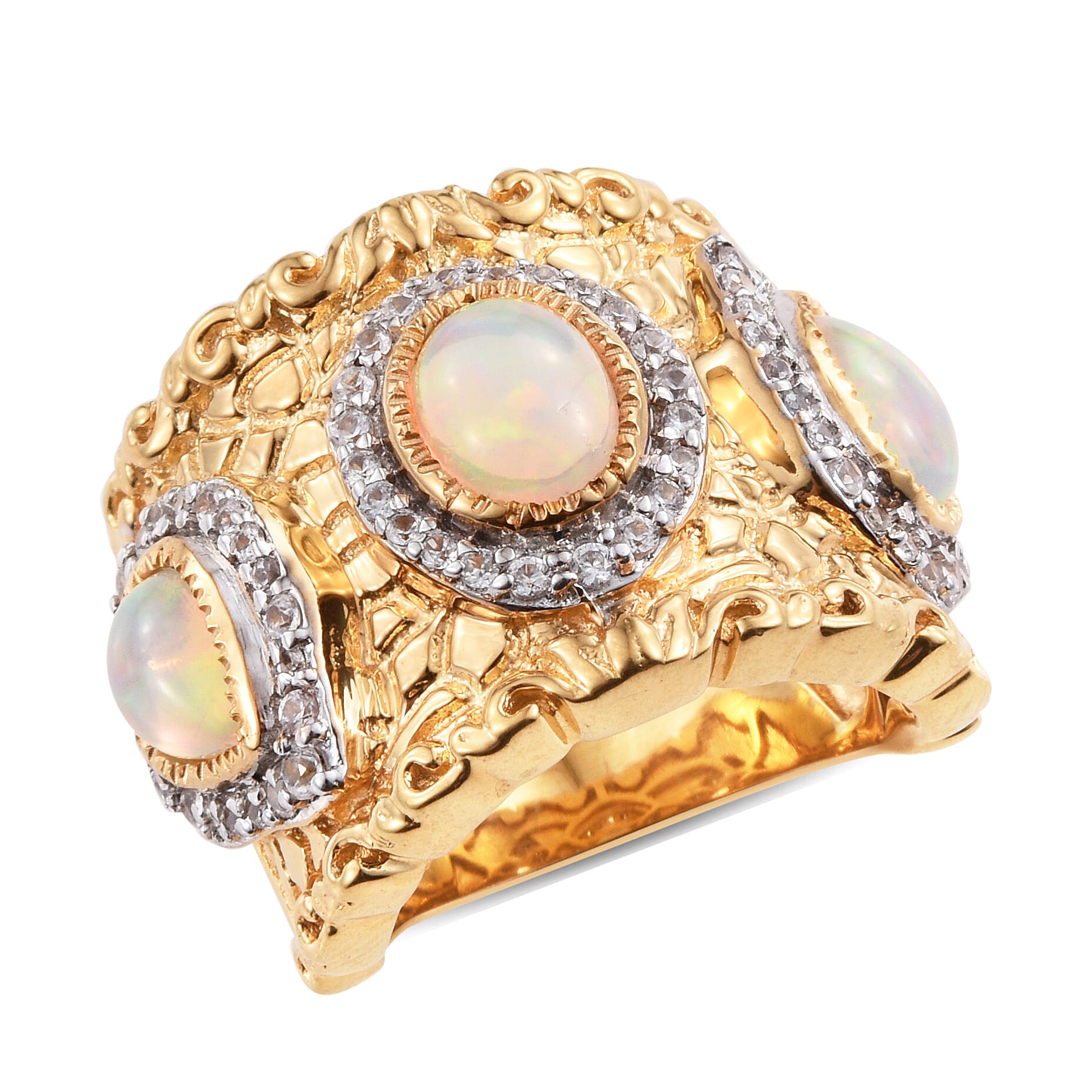 Ethiopian Opal, Cambodian Zircon Yellow Gold Over Sterling Silver Ring (Size 7) TGW 2.717 Cts. TGW 2.72 Cts.