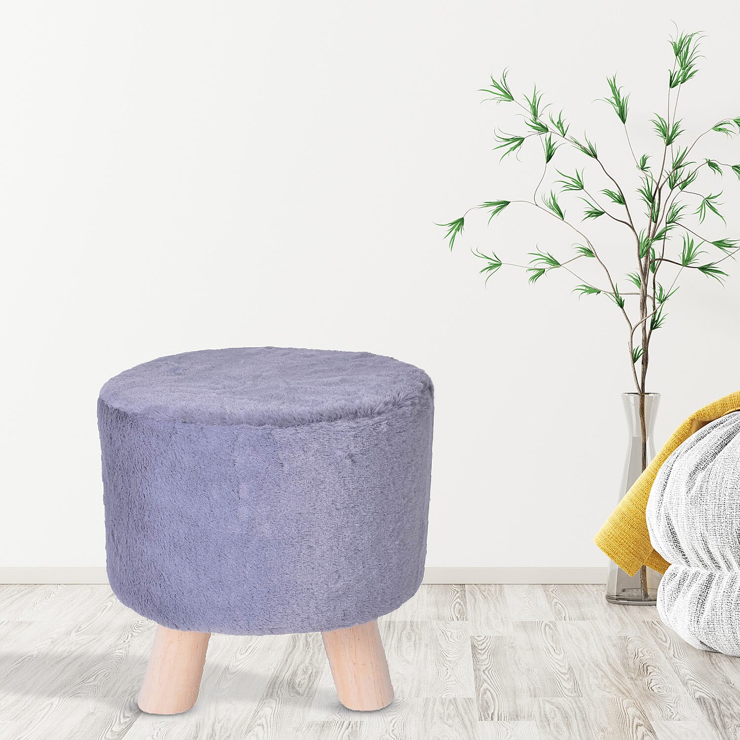Gray Faux Fur Round Wooden Stool