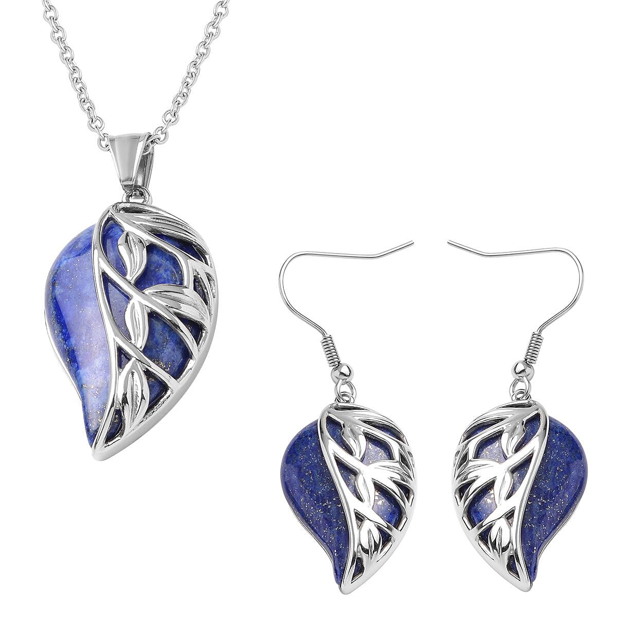 Lapis Lazuli Leaf Earrings Pendant Necklace in Stainless Steel| Solitaire Pendant| Solitaire Earrings for Women 70.00 ctw