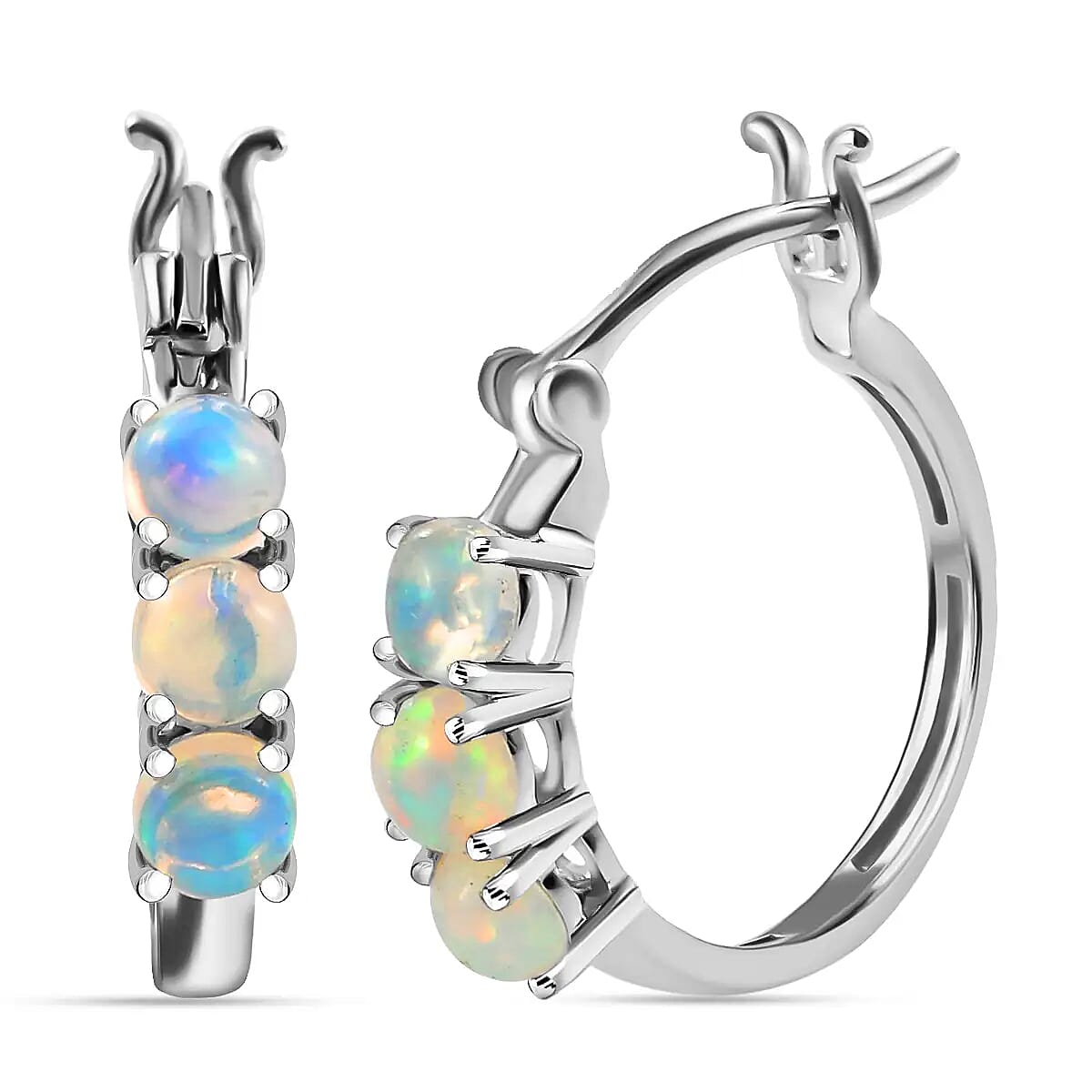 D'Joy Premium Ethiopian Earrings in Platinum Over Sterling Silver, Welo Opal Jewelry, Opal Silver Hoops 1.15 ctw