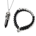 Set of 3 Black Agate, Black and White Chroma Stretch Bracelets and Pointer Pendant Necklace 24 Inches in Black Oxidized Silvertone & Stainless Steel 168.00 ctw - Sticky add to cart bar