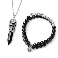 Set of 3 Black Agate, Black and White Chroma Stretch Bracelets and Pointer Pendant Necklace 24 Inches in Black Oxidized Silvertone & Stainless Steel 168.00 ctw