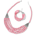 Constituted Pink Howlite Beaded Triple Row Bracelet 7.5-9.5 inch and Drape Necklace (20.00 In) in Black Oxidized Silvertone 804.50 ctw - Sticky add to cart bar