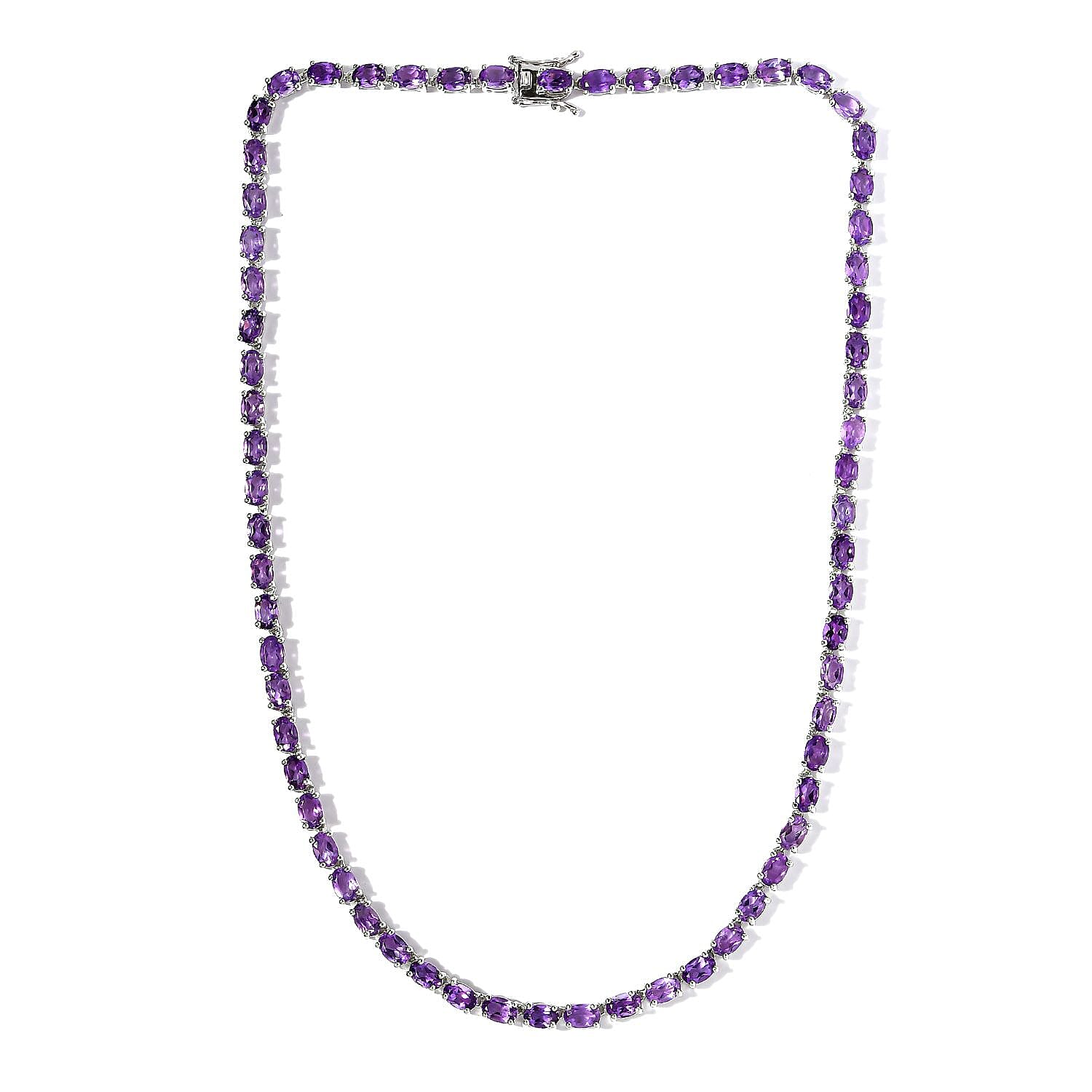 D'Joy Lusaka Amethyst Necklace Sterling Silver, Silver Tennis, Open Box Clasp 18 Inches 30.00 ctw