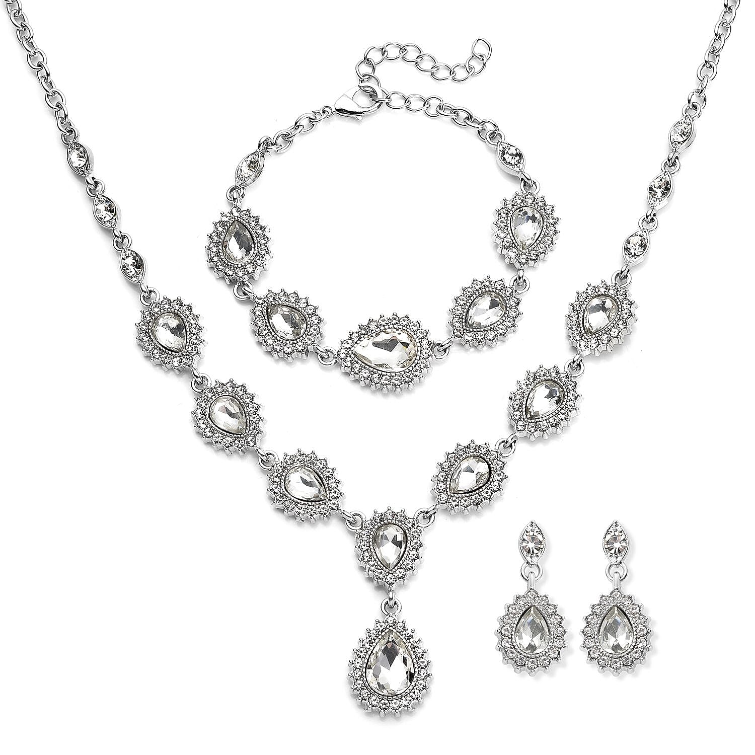 Glass, Austrian Crystal Bracelet (7.50In), Earrings and Necklace (20.00 Inches) in Silvertone