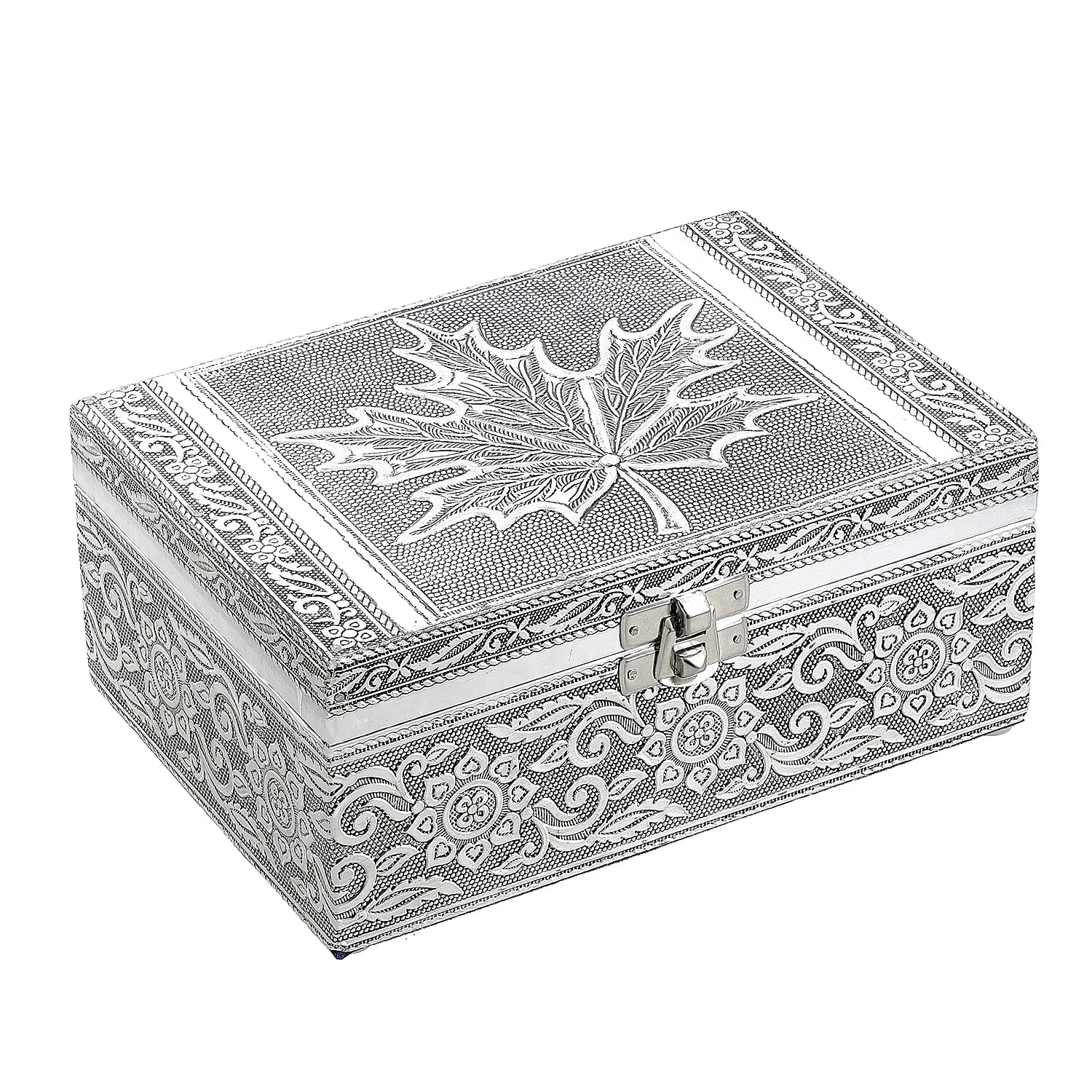 Aluminum Oxidized Maple Leaf Pattern Jewelry Box with Tray (7x5 in)