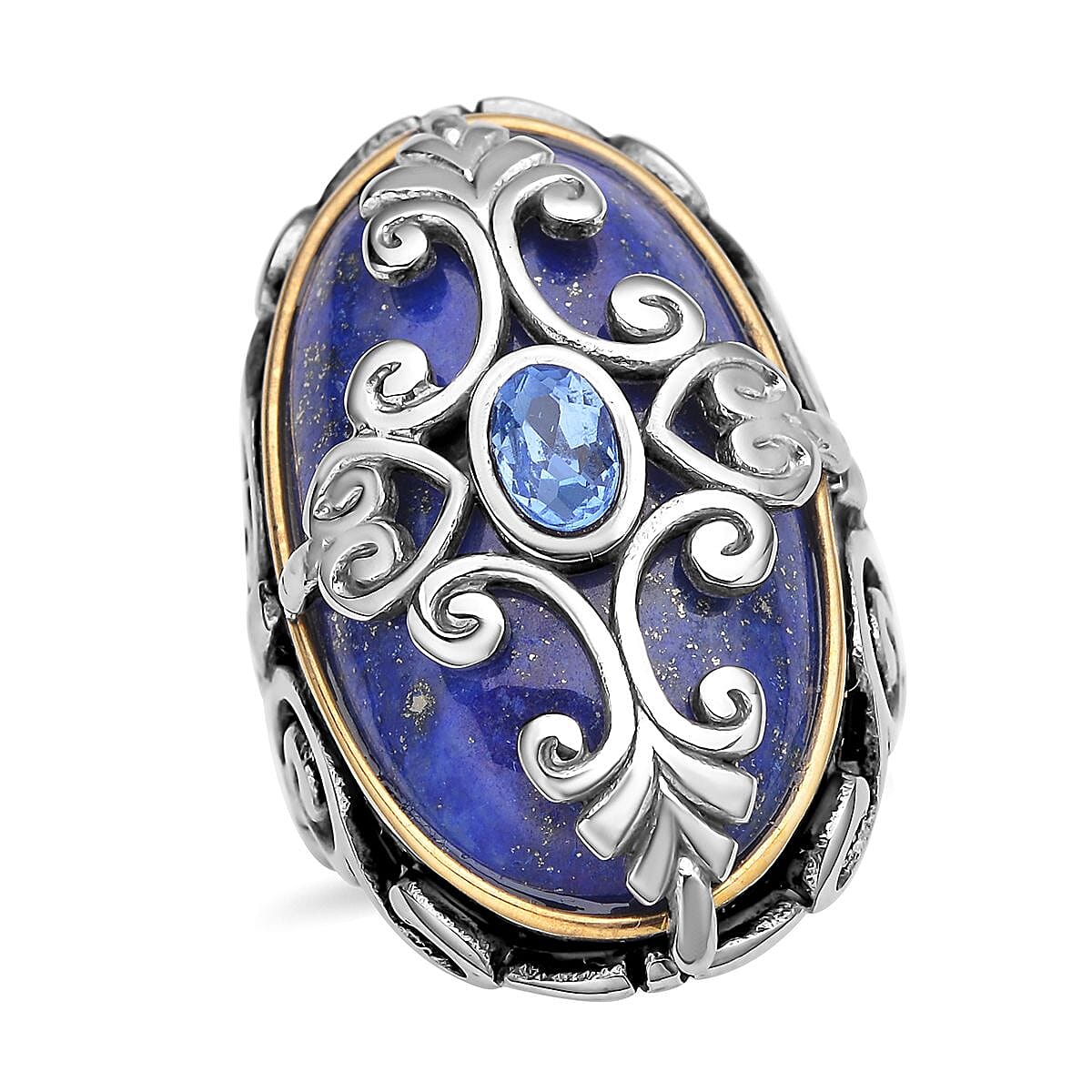Lapis Lazuli and Blue Austrian Crystal Ring in Black Oxidized, ION Plated Yellow Gold and Stainless Steel 35.00 ctw